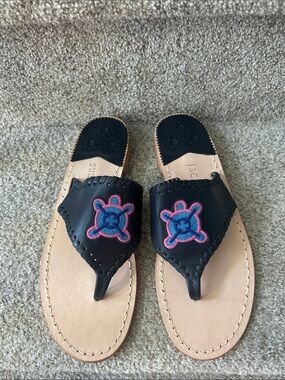 Jack Rogers Black Leather Thong Sandals with Pink and Blue Embroidery Size 8